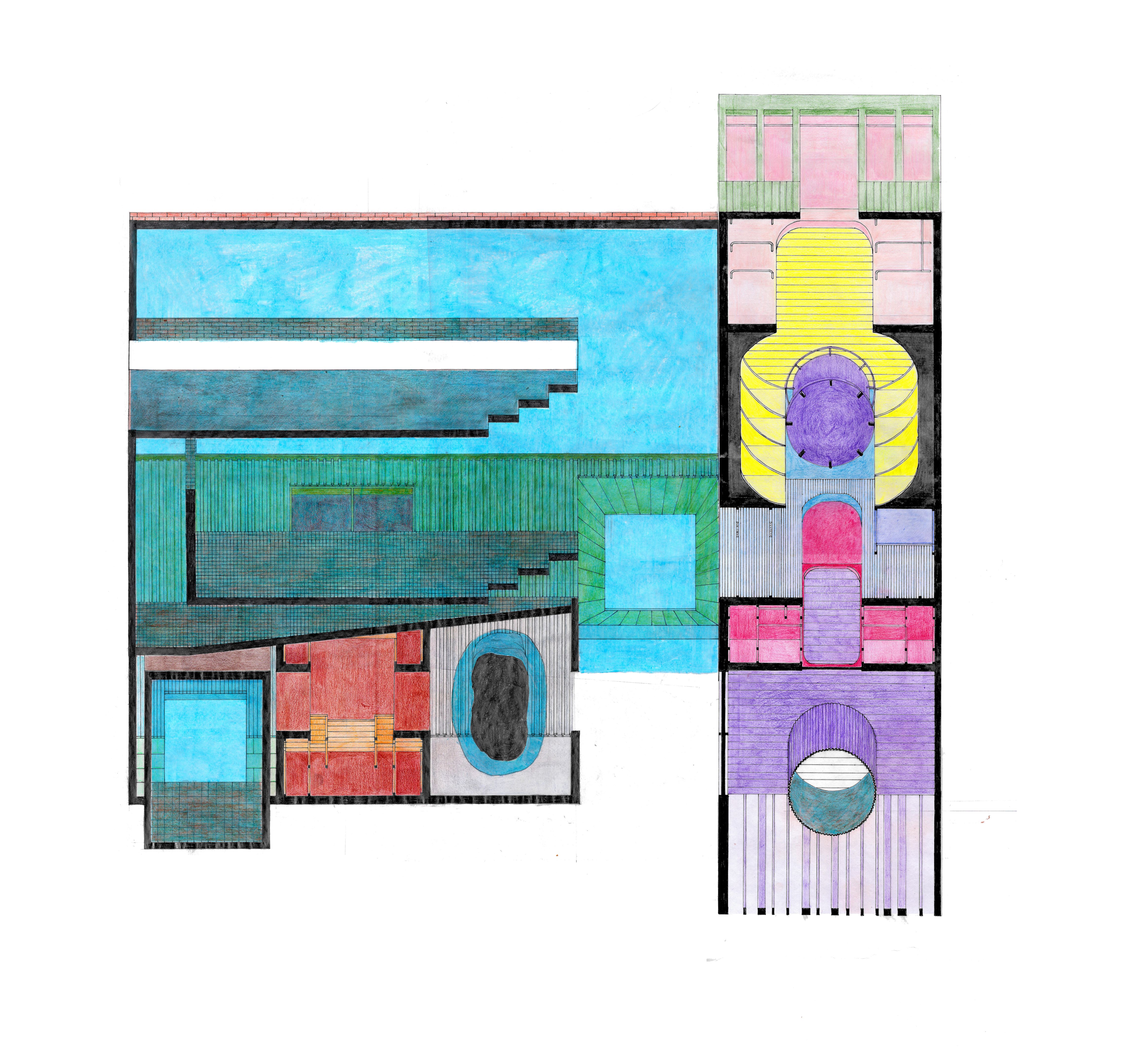 A worm’s eye axonometric architectural drawing of a large bathing complex, shown from below. Each room is coloured with pencil crayon with wax blue pastel overlaid representing the water.